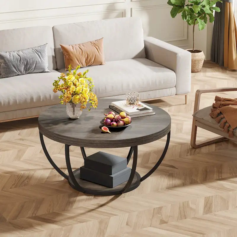 Table basse ronde de 31,7 pouces, table centrale rustique à 2 niveaux avec étagères de rangement ouvertes