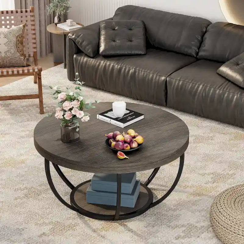 Table basse ronde de 31,7 pouces, table centrale rustique à 2 niveaux avec étagères de rangement ouvertes