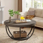 Table basse ronde de 31,7 pouces, table centrale rustique à 2 niveaux avec étagères de rangement ouvertes