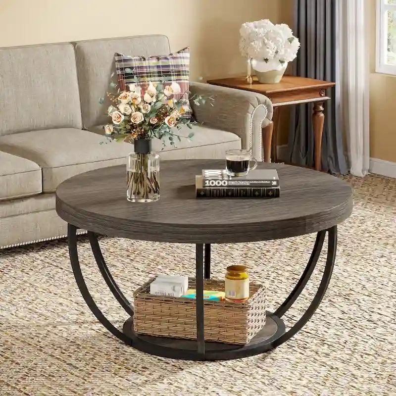 Table basse ronde de 31,7 pouces, table centrale rustique à 2 niveaux avec étagères de rangement ouvertes