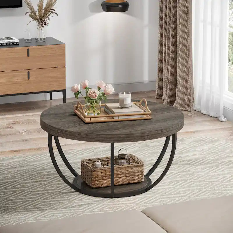 Table basse ronde de 31,7 pouces, table centrale rustique à 2 niveaux avec étagères de rangement ouvertes