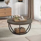 Table basse ronde de 31,7 pouces, table centrale rustique à 2 niveaux avec étagères de rangement ouvertes