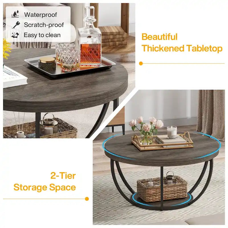 Table basse ronde de 31,7 pouces, table centrale rustique à 2 niveaux avec étagères de rangement ouvertes