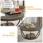 Table basse ronde de 31,7 pouces, table centrale rustique à 2 niveaux avec étagères de rangement ouvertes
