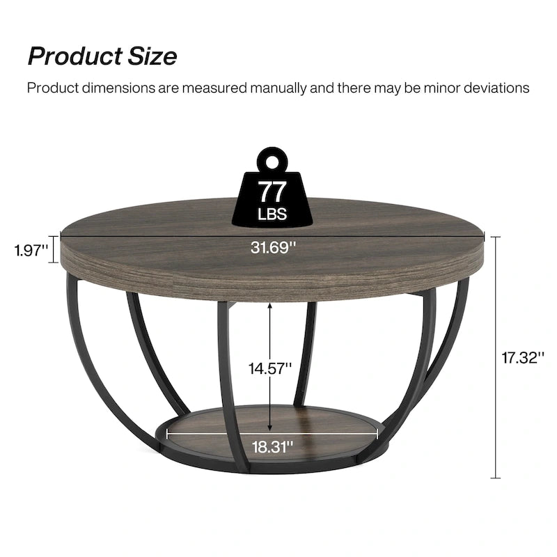 Table basse ronde de 31,7 pouces, table centrale rustique à 2 niveaux avec étagères de rangement ouvertes