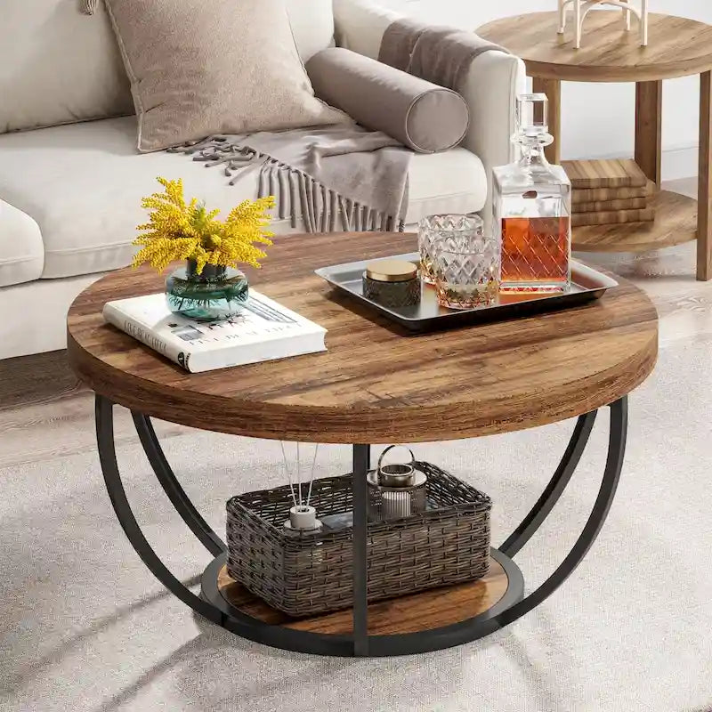 Table basse ronde de 31,7 pouces, table centrale rustique à 2 niveaux avec étagères de rangement ouvertes