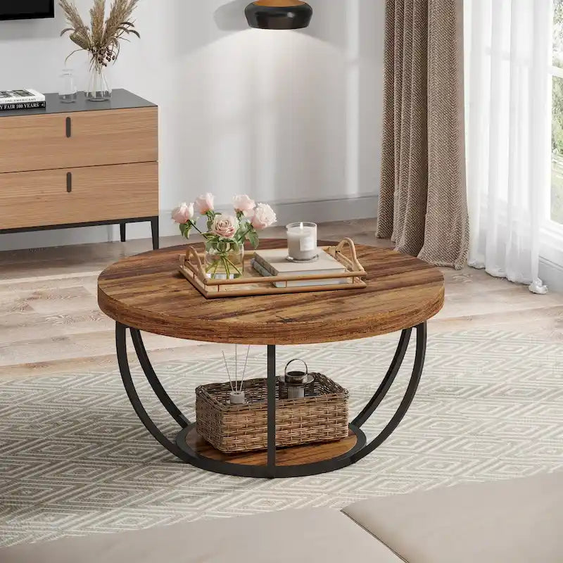 Table basse ronde de 31,7 pouces, table centrale rustique à 2 niveaux avec étagères de rangement ouvertes