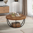 Table basse ronde de 31,7 pouces, table centrale rustique à 2 niveaux avec étagères de rangement ouvertes