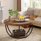 Table basse ronde de 31,7 pouces, table centrale rustique à 2 niveaux avec étagères de rangement ouvertes