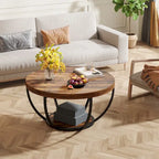 Table basse ronde de 31,7 pouces, table centrale rustique à 2 niveaux avec étagères de rangement ouvertes