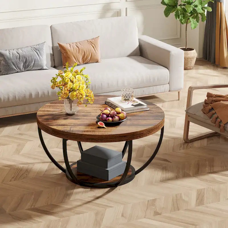 Table basse ronde de 31,7 pouces, table centrale rustique à 2 niveaux avec étagères de rangement ouvertes
