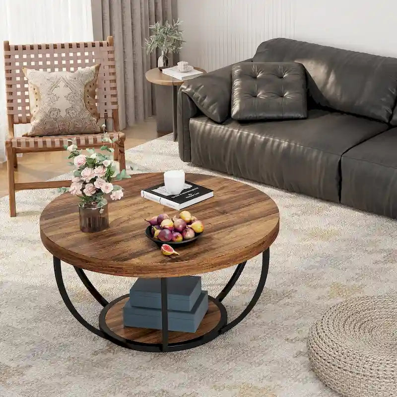 Table basse ronde de 31,7 pouces, table centrale rustique à 2 niveaux avec étagères de rangement ouvertes
