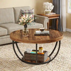 Table basse ronde de 31,7 pouces, table centrale rustique à 2 niveaux avec étagères de rangement ouvertes