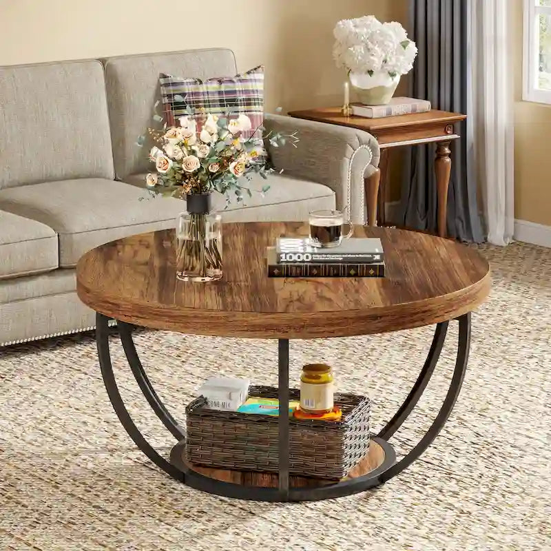 Table basse ronde de 31,7 pouces, table centrale rustique à 2 niveaux avec étagères de rangement ouvertes