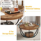Table basse ronde de 31,7 pouces, table centrale rustique à 2 niveaux avec étagères de rangement ouvertes