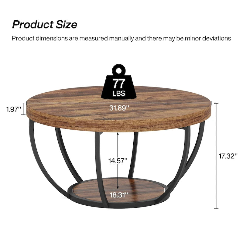 Table basse ronde de 31,7 pouces, table centrale rustique à 2 niveaux avec étagères de rangement ouvertes