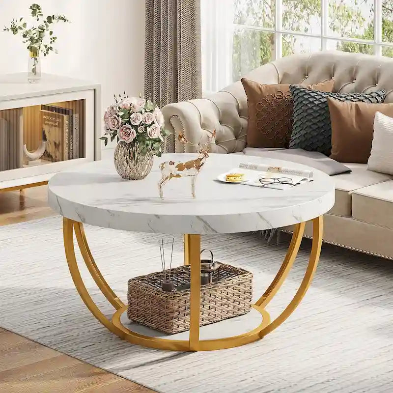 Table basse ronde de 31,7 pouces, table centrale rustique à 2 niveaux avec étagères de rangement ouvertes