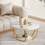 Table basse ronde de 31,7 pouces, table centrale rustique à 2 niveaux avec étagères de rangement ouvertes