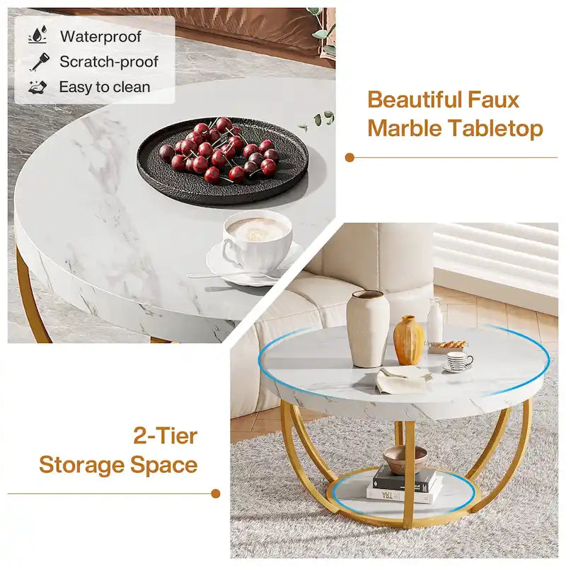 Table basse ronde de 31,7 pouces, table centrale rustique à 2 niveaux avec étagères de rangement ouvertes