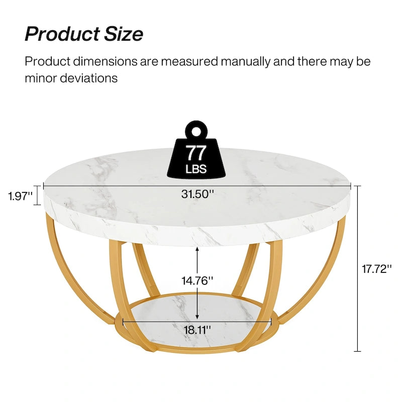 Table basse ronde de 31,7 pouces, table centrale rustique à 2 niveaux avec étagères de rangement ouvertes