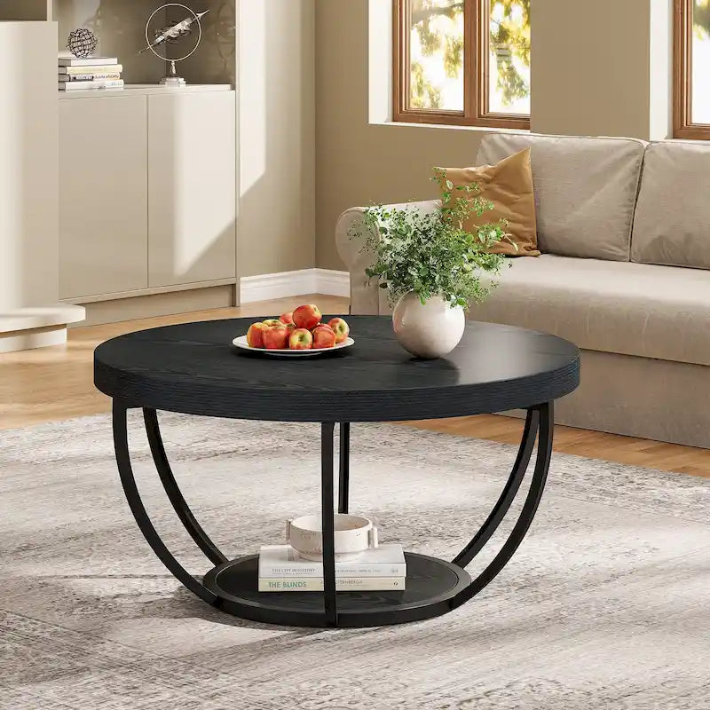 Table basse ronde de 31,7 pouces, table centrale rustique à 2 niveaux avec étagères de rangement ouvertes