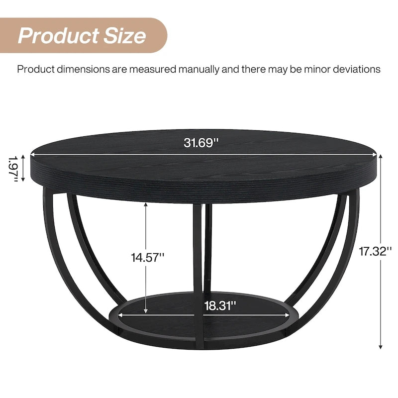 Table basse ronde de 31,7 pouces, table centrale rustique à 2 niveaux avec étagères de rangement ouvertes