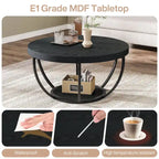 Table basse ronde de 31,7 pouces, table centrale rustique à 2 niveaux avec étagères de rangement ouvertes