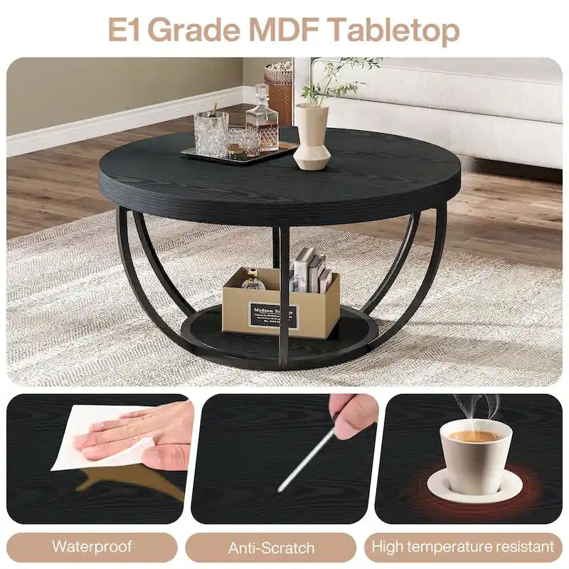 Table basse ronde de 31,7 pouces, table centrale rustique à 2 niveaux avec étagères de rangement ouvertes