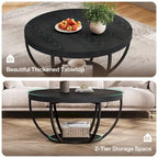Table basse ronde de 31,7 pouces, table centrale rustique à 2 niveaux avec étagères de rangement ouvertes