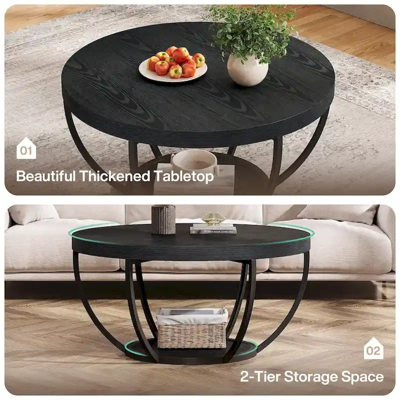 Table basse ronde de 31,7 pouces, table centrale rustique à 2 niveaux avec étagères de rangement ouvertes