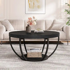 Table basse ronde de 31,7 pouces, table centrale rustique à 2 niveaux avec étagères de rangement ouvertes