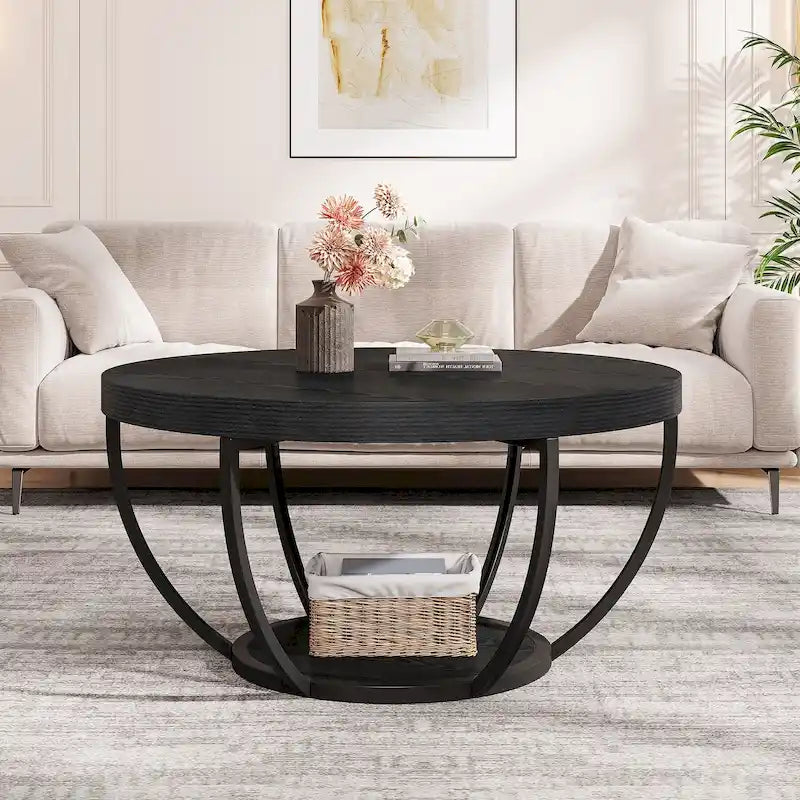 Table basse ronde de 31,7 pouces, table centrale rustique à 2 niveaux avec étagères de rangement ouvertes
