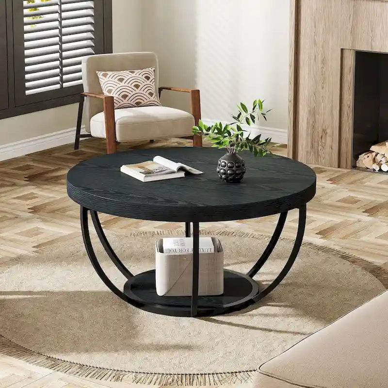 Table basse ronde de 31,7 pouces, table centrale rustique à 2 niveaux avec étagères de rangement ouvertes