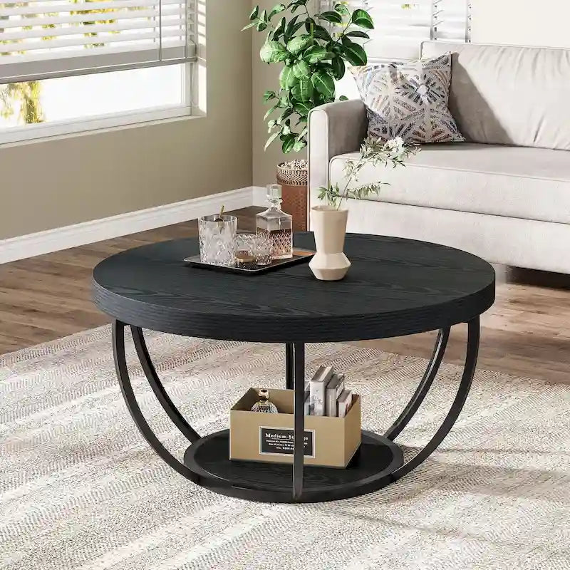 Table basse ronde de 31,7 pouces, table centrale rustique à 2 niveaux avec étagères de rangement ouvertes