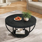 Table basse ronde de 31,7 pouces, table centrale rustique à 2 niveaux avec étagères de rangement ouvertes