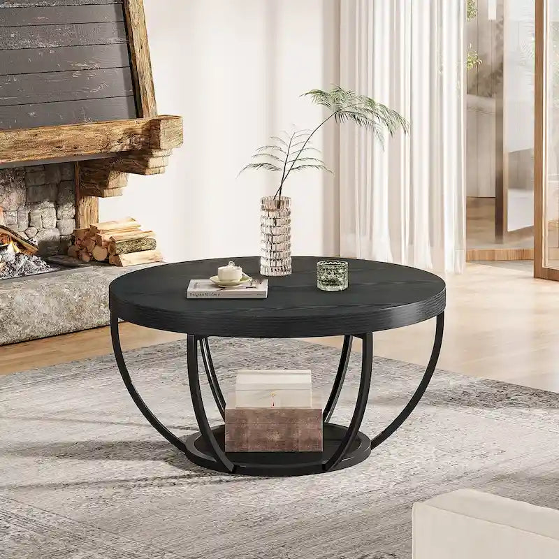 Table basse ronde de 31,7 pouces, table centrale rustique à 2 niveaux avec étagères de rangement ouvertes