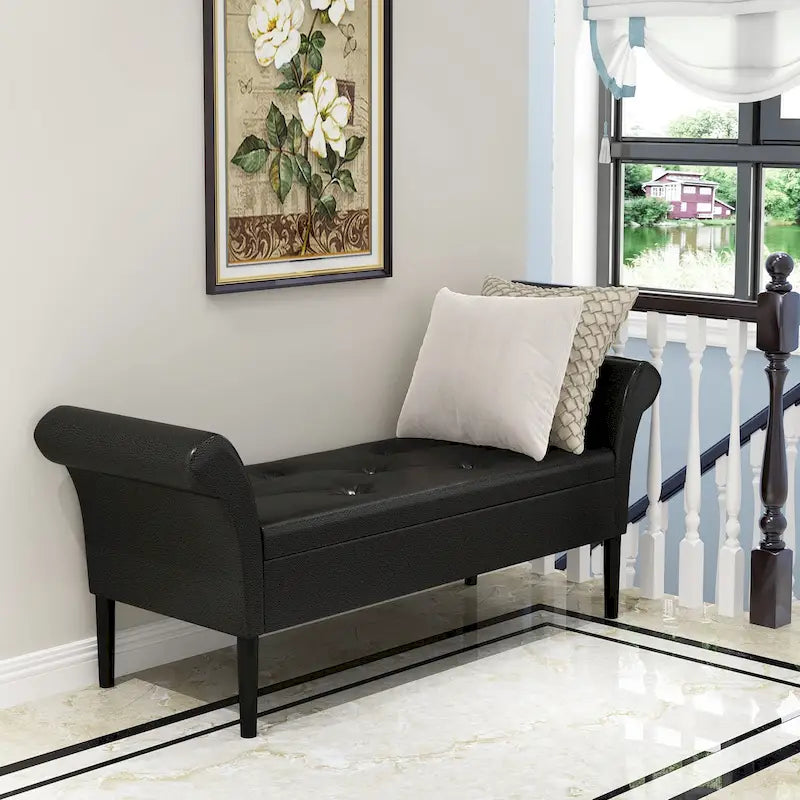 Banc coffre ottoman avec accoudoirs, capitonné et rembourré, idéal pour une chambre ou une entrée. Repose-pieds avec grand espace de rangement.