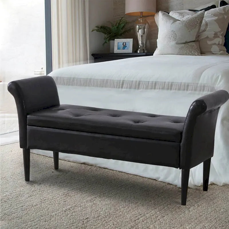 Banc coffre ottoman avec accoudoirs, capitonné et rembourré, idéal pour une chambre ou une entrée. Repose-pieds avec grand espace de rangement.