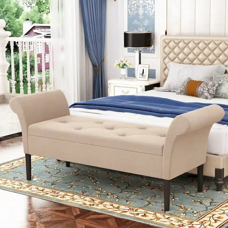 Banc coffre ottoman avec accoudoirs, capitonné et rembourré, idéal pour une chambre ou une entrée. Repose-pieds avec grand espace de rangement.
