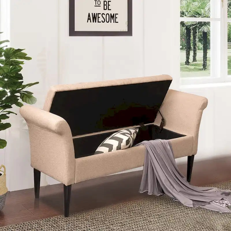 Banc coffre ottoman avec accoudoirs, capitonné et rembourré, idéal pour une chambre ou une entrée. Repose-pieds avec grand espace de rangement.