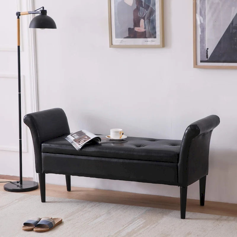 Banc coffre ottoman avec accoudoirs, capitonné et rembourré, idéal pour une chambre ou une entrée. Repose-pieds avec grand espace de rangement.