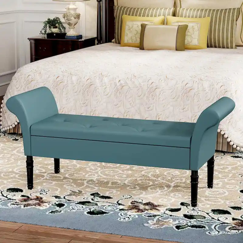 Banc coffre ottoman avec accoudoirs, capitonné et rembourré, idéal pour une chambre ou une entrée. Repose-pieds avec grand espace de rangement.