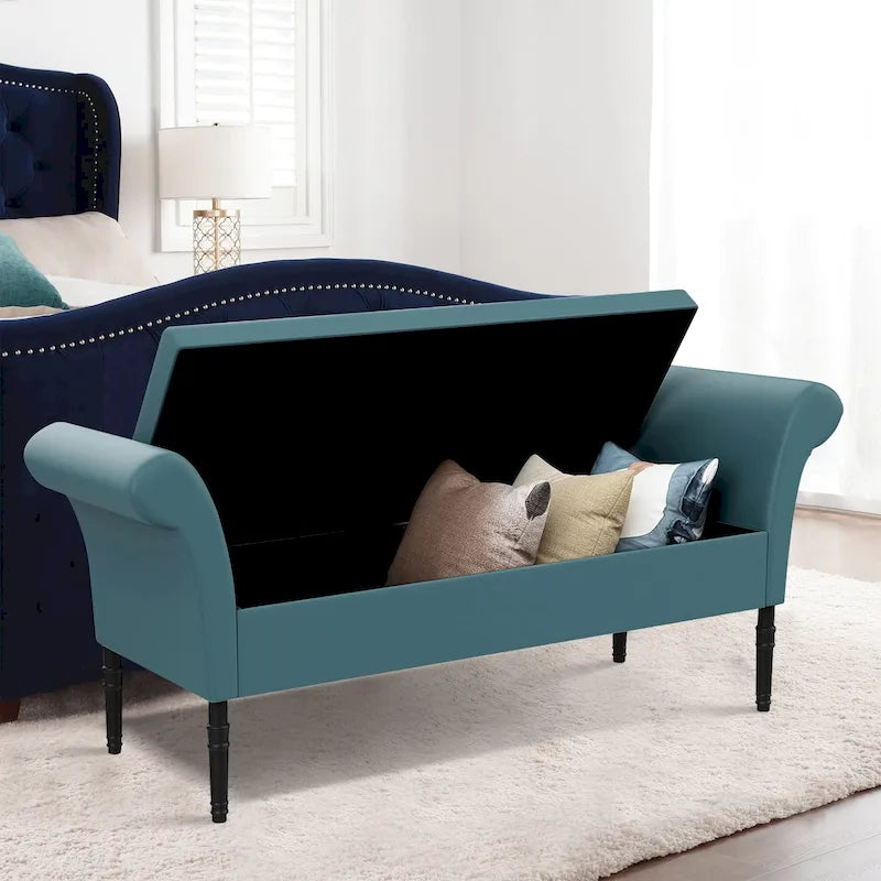 Banc coffre ottoman avec accoudoirs, capitonné et rembourré, idéal pour une chambre ou une entrée. Repose-pieds avec grand espace de rangement.