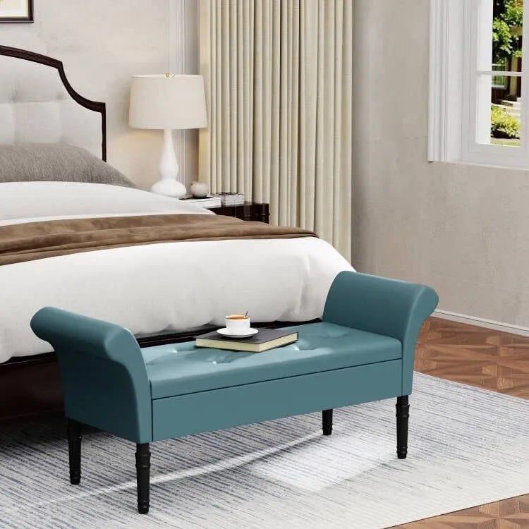 Banc coffre ottoman avec accoudoirs, capitonné et rembourré, idéal pour une chambre ou une entrée. Repose-pieds avec grand espace de rangement.