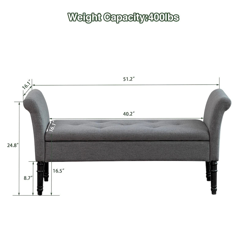 Banc coffre ottoman avec accoudoirs, capitonné et rembourré, idéal pour une chambre ou une entrée. Repose-pieds avec grand espace de rangement.