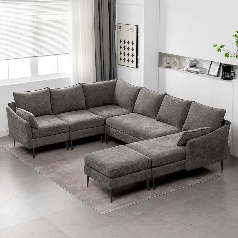 Canapé d'angle en U EROMMY 6 places, convertible en lit réversible, design chenille moderne, avec méridienne et pouf.