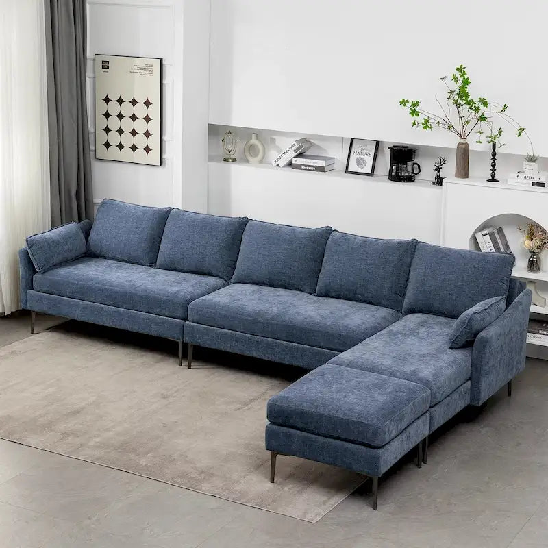 Canapé d'angle en U EROMMY 6 places, convertible en lit réversible, design chenille moderne, avec méridienne et pouf.