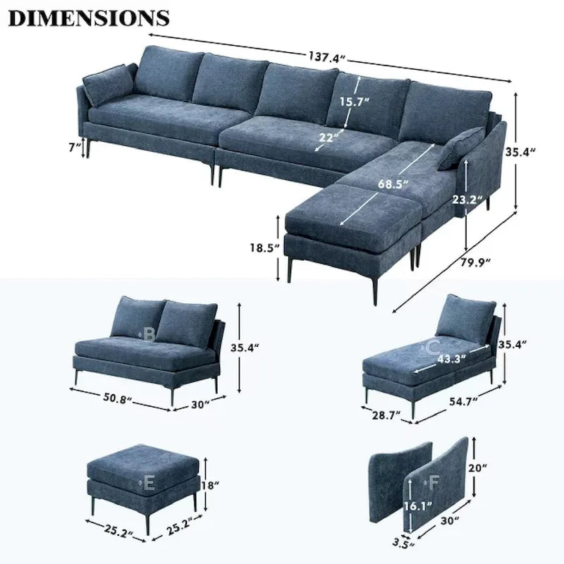 Canapé d'angle en U EROMMY 6 places, convertible en lit réversible, design chenille moderne, avec méridienne et pouf.