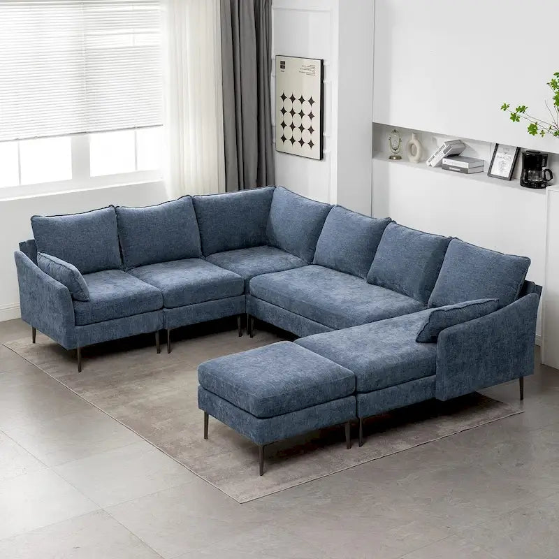 Canapé d'angle en U EROMMY 6 places, convertible en lit réversible, design chenille moderne, avec méridienne et pouf.