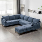 Canapé d'angle en U EROMMY 6 places, convertible en lit réversible, design chenille moderne, avec méridienne et pouf.